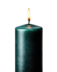 Teal cylindrical candle with a flickering flame
