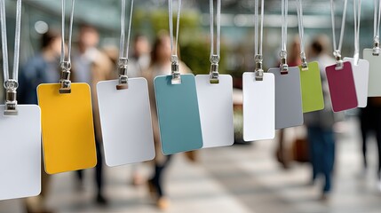 Blank name badge holders hanging at a conference venue, prepared for attendees and registrations