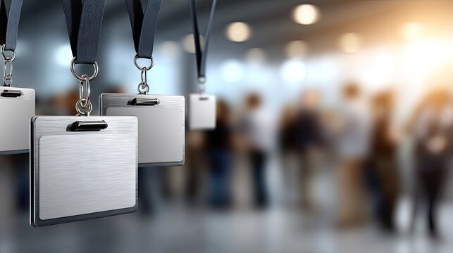 Blank name badge holders hanging at a conference venue, prepared for attendees and registrations