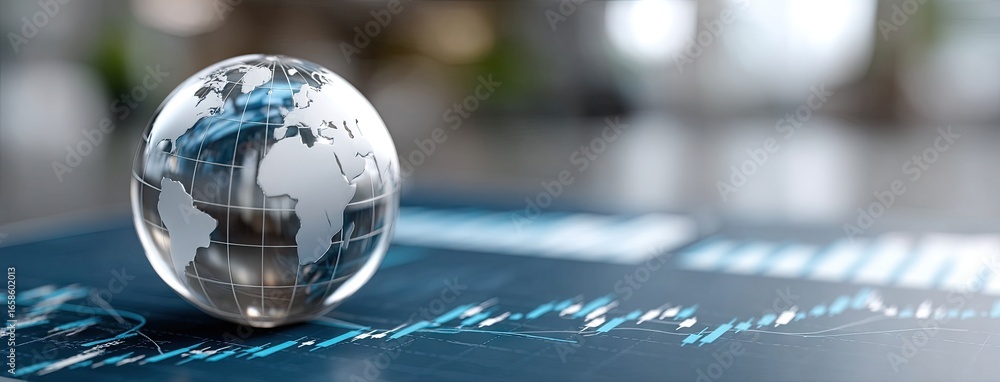 Poster business analysis features a clear globe on a digital graph display representing global markets and 