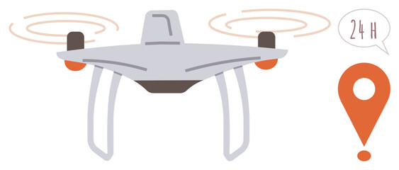 Flying drone with rotating propellers, location pin, and 24-hour text. Ideal for delivery, logistics, technology, innovation, transportation automation futuristic systems. Represents simple flat