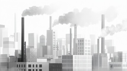 Monochromatic illustration of industrial cityscape featuring tall smokestacks emitting smoke, surrounded by various buildings. scene conveys sense