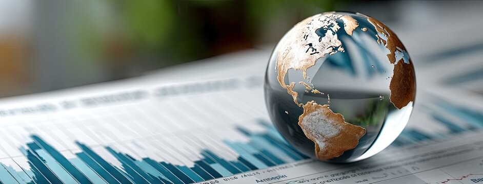 Business analysis features a clear globe on a digital graph display representing global markets and data trends in an office environment