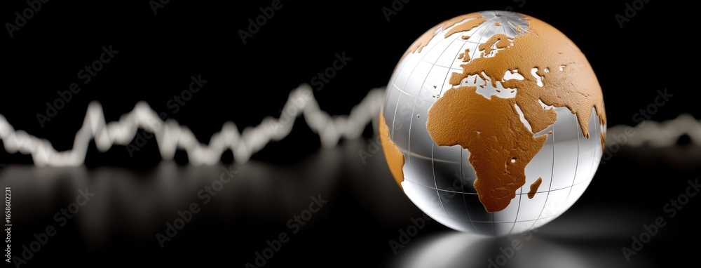 Poster business analysis features a clear globe on a digital graph display representing global markets and 