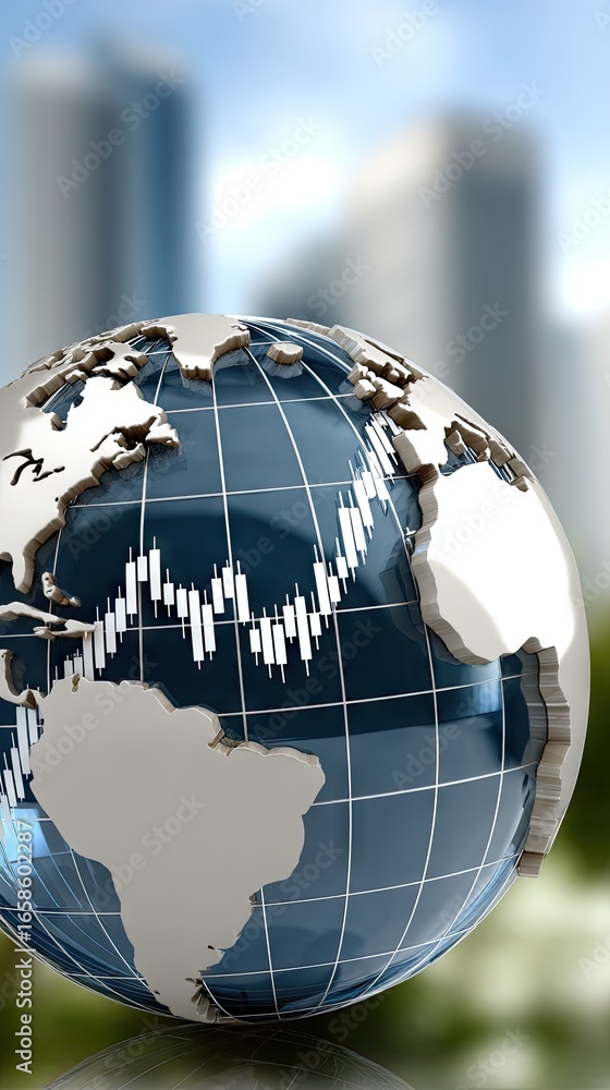 Poster business analysis features a clear globe on a digital graph display representing global markets and 