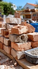 Construction of a brick chimney on a rooftop during daylight in an urban setting with unfinished building materials nearby