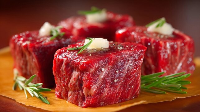 Fresh cuts of red meat prepared for gourmet cooking at a local butcher shop
