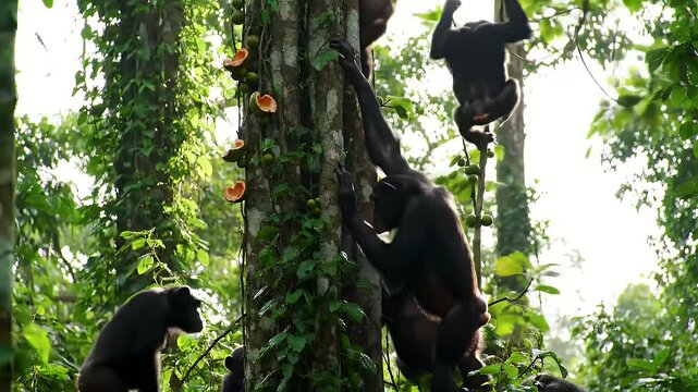 Young Chimpanzee Climbing Tall Tree in Jungle