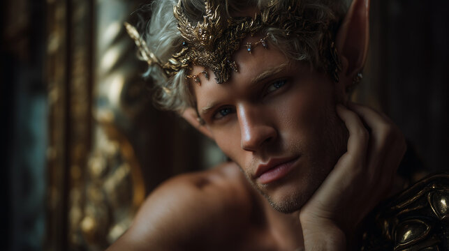Mysterious dark elf in an enchanted realm with intricate crown and captivating gaze - Powered by Adobe