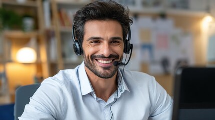 happy indian business man remote teacher customer support manager wearing headset talking at virtual meeting consulting client on video call giving distance learning class at home office call center 