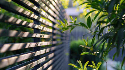 Modern garden fence with sunlight and green leaves