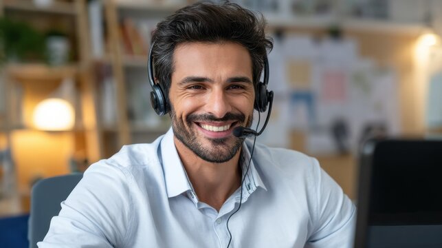 happy indian business man remote teacher customer support manager wearing headset talking at virtual meeting consulting client on video call giving distance learning class at home office call center 