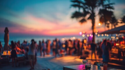 blurred people having sunset beach party in summer vacation defocused image concept of nightlife with cocktails and music entertainment no logos no brands ar 169