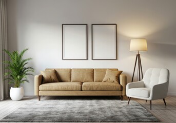 Modern living room scene featuring a tan sofa armchair and decorative floor lamp