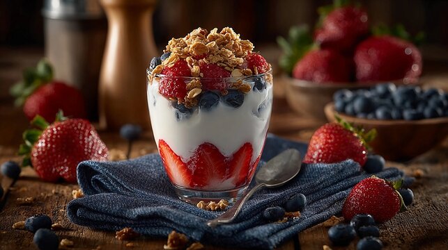 Colorful yogurt parfait with fresh berries and granola on a rustic wooden table - Powered by Adobe