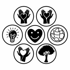 Circle shape with hand, globe, tree, heart and lightbulb icons isolated on white background