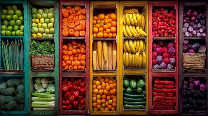 Colorful display of fresh fruits and vegetables in a market setting at daytime