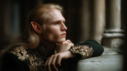 Naklejka premium Mysterious elf character gazes thoughtfully in a dark fantasy setting with historical architecture