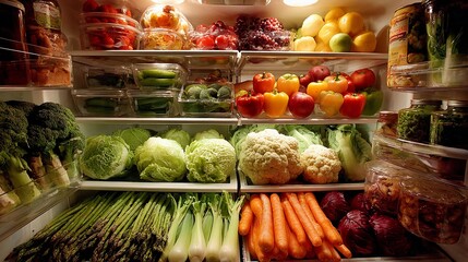 Colorful arrangement of fresh vegetables and fruits in a well-organized refrigerator