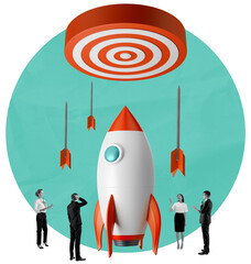 Rocket surrounded by business people and arrows aiming at a large target on turquoise background, symbolizing startup strategy and goal achievement