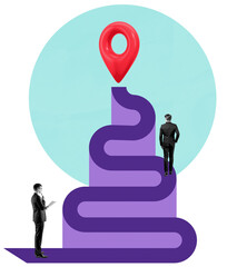 Businessmen on winding purple path with red location pin, isolated graphic on white with blue...