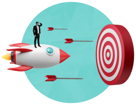 Businessman on red-white rocket aiming toward bullseye with arrows flying, isolated style on turquoise background, concept of goal targeting and ambition - Powered by Adobe