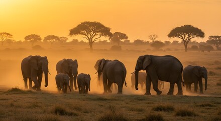 Fototapeta premium Elephants walking across savanna at sunset