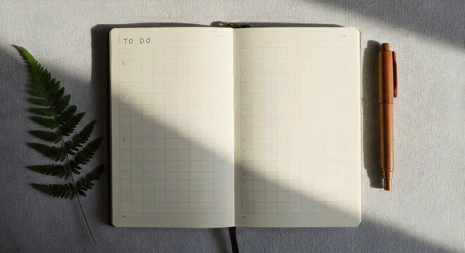 Focused work environment: planner open at weekly layout with flower and pen highlights