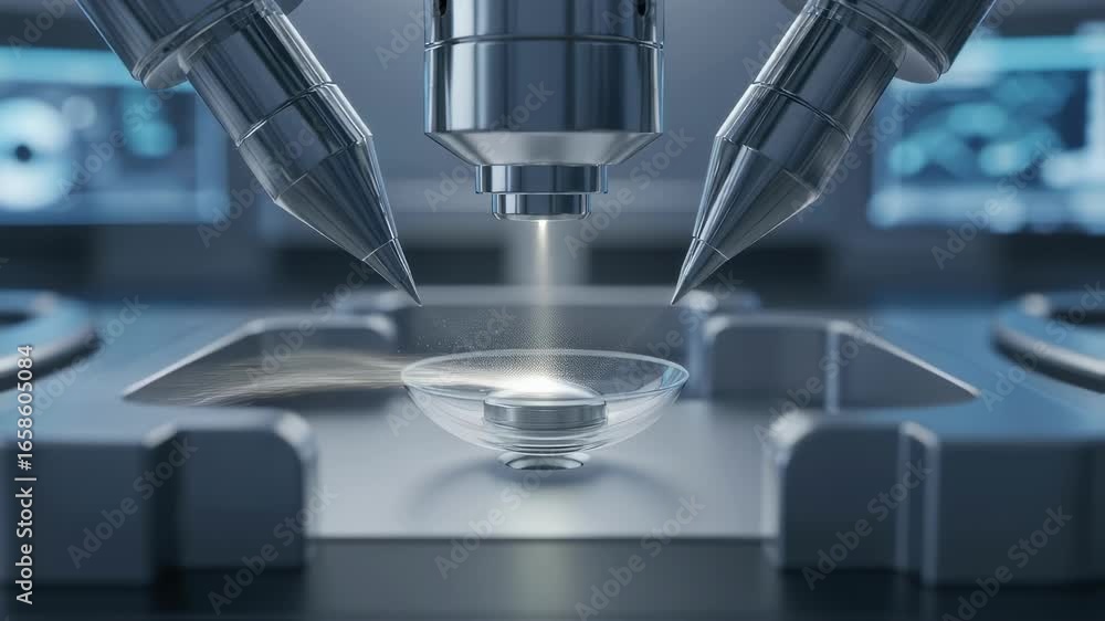 Poster macro view of microbattery material being layered onto a transparent smart contact lens substrate in