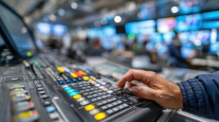 Fototapeta na wymiar Technicians hand operating the intercom system medium shot with the communication panel in sharp focus and the busy broadcast control environment blurred.
