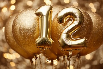 Golden balloons with sparkling numbers celebrate twelfth birthday party at night