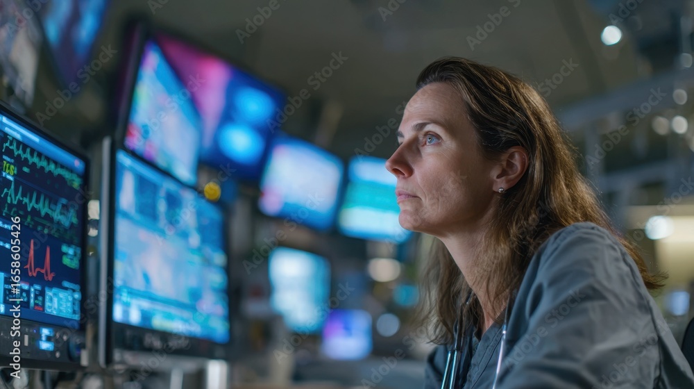 Poster side medium shot of a virtual icu specialist intently monitoring critical care data on multiple disp