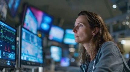 Side medium shot of a virtual ICU specialist intently monitoring critical care data on multiple displays with the background environment of the unit appearing out of focus.
