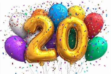 Colorful balloons and confetti celebrate a special 20th birthday event