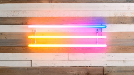 Neon Light Fixture on Wooden Wall: A minimalist modern art piece featuring three neon light fixtures, each radiating a vibrant gradient of colors, mounted against a textured wooden wall.