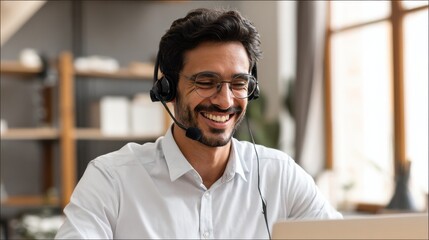 happy indian business man remote teacher customer support manager wearing headset talking at virtual meeting consulting client on video call giving distance learning class at home office call center 