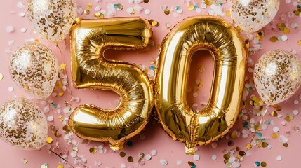 Celebrate a milestone birthday with golden balloons and confetti decorations for 50th event