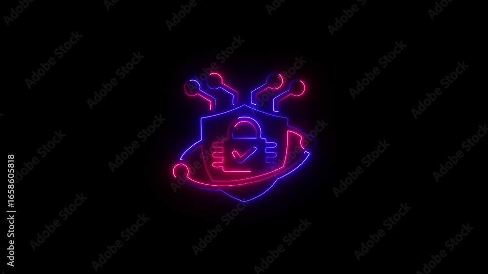 Poster neon cybersecurity shield icon with lock, circuit lines, and eye symbol representing network protect