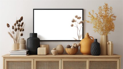 Decorative Dried Flower Arrangements and Vases on Wooden Sideboard in Minimalist Interior
