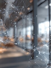 abstract network overlay on a blurred modern office interior