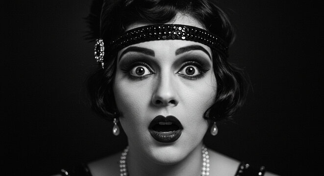 Surprised Flapper Girl: A black-and-white portrait of a woman dressed in 1920s flapper attire with a surprised expression, dramatic makeup, and a beaded headpiece