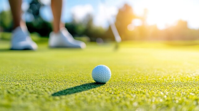 Perfect Putt on the Green: The image shows a golf ball perfectly poised on the manicured green, with a player's poised to complete the putt. The scene is illuminated by a warm, inviting sunlight. 