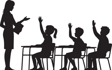 Children raising hands in classroom silhouette. Teacher teaching pupils illustration isolated on white background 