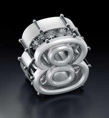 The Number Eight. A 3D digit with a modern steampunk aesthetic, set against a reflective dark background. A 3D rendered graphic presented in an isometric projection.