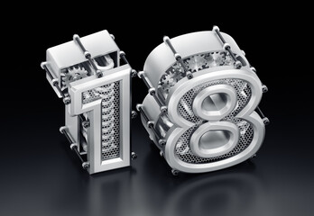 The Number Eighteen. A 3D digit with a modern steampunk aesthetic, set against a reflective dark background. A 3D rendered graphic presented in an isometric projection.