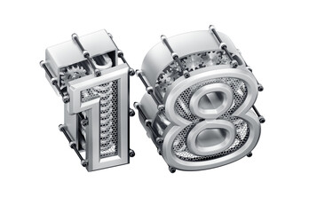 The Number Eighteen. A 3D digit with a modern steampunk aesthetic, set against a transparent background. A 3D rendered graphic presented in an isometric projection.