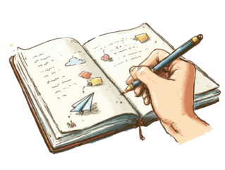 Open journal, hand writing with pen, various doodles