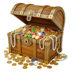 Treasure Chest Overflowing: A detailed 3D rendering of a classic wooden treasure chest, slightly open and spilling with shiny gold coins, pearls, and colorful jewels