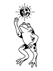 Illustration of a frog looking at a skull sun