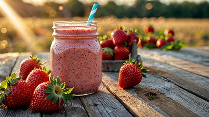 Fresh strawberry smoothie in glass jar with straw placed on rustic wooden table surrounded by ripe fruits outdoors - Powered by Adobe